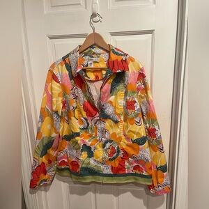 Coldwater Creek Red and Yellow Bomber Jacket Vibrant Tropical Print